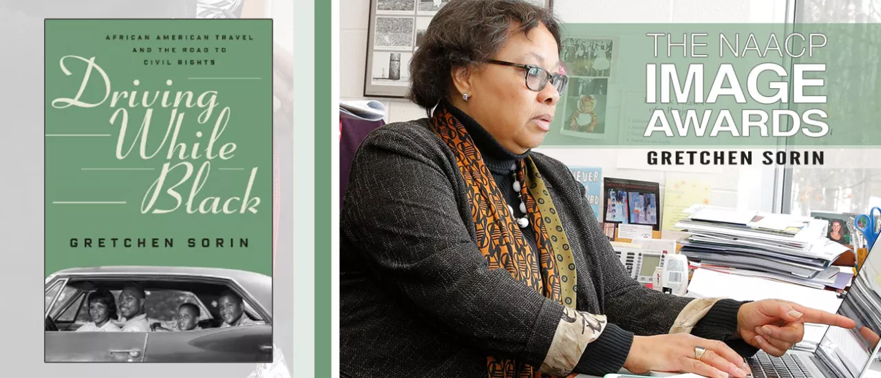 Driving While Black book cover, Gretchen Sorin '82 at laptop