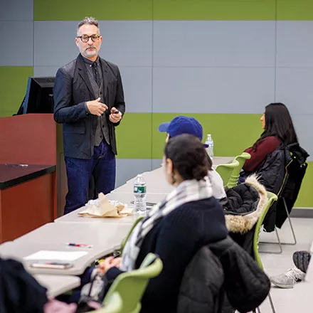 Scott Saltzman speaks to a fashion class