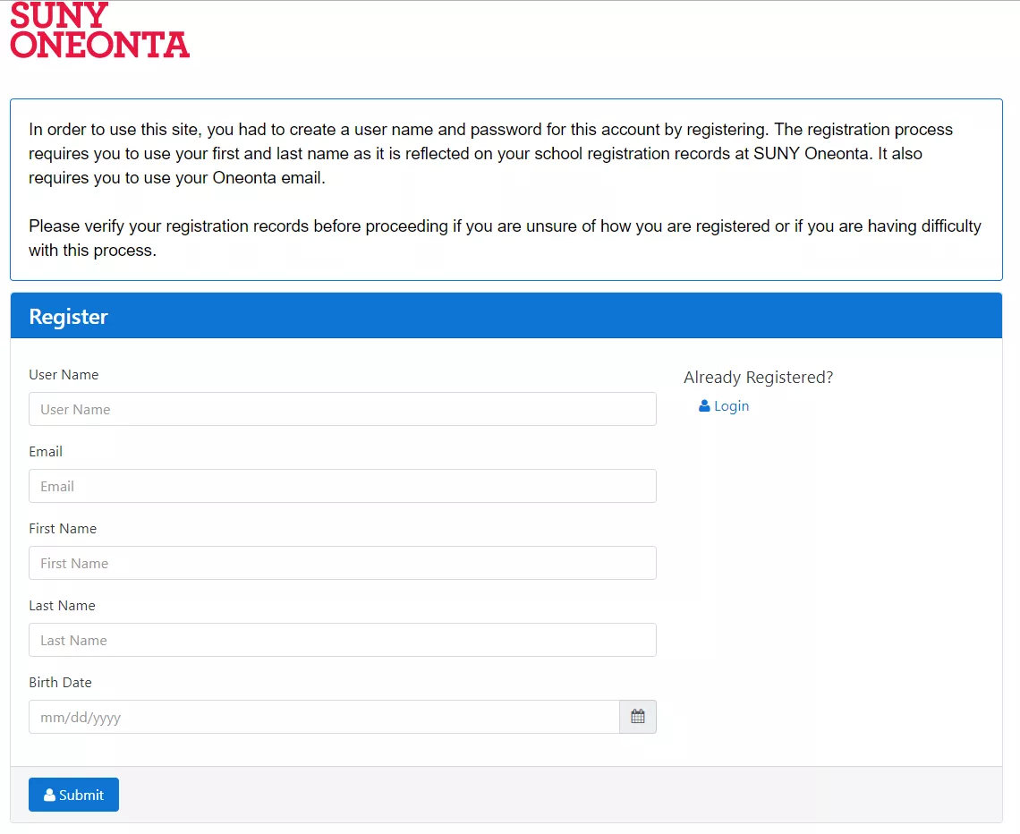 Student health center portal registration form