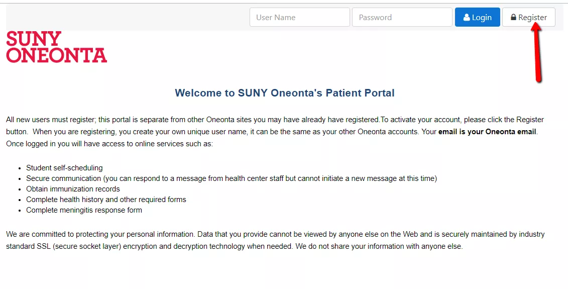 Student health center portal homepage