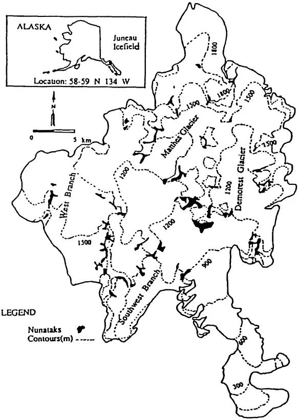 Map showing the Taku Glacier drainage basin, Pelto and Miller, 1990.