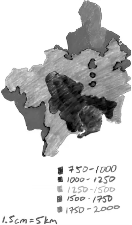 Map of area at elevations of 750 meters and above. Dark Green (750–1000m), Blue (1000–1250m), Light Green (1250–1500m), Red (1500–1750m), and Orange (1750–2000m). Based on figure 1, Pelto and Miller, 1990.