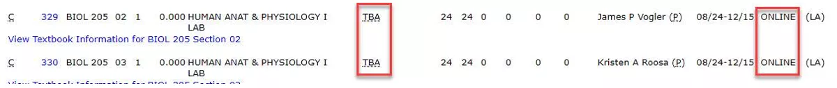 Example schedule with Days/Time and Location columns highlighted to assist in identifying fully asynchronous online courses.