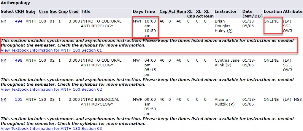 Example schedule with Days, Time and Location columns highlighted to assist in identifying combined online courses (synchronous and asynchronous)