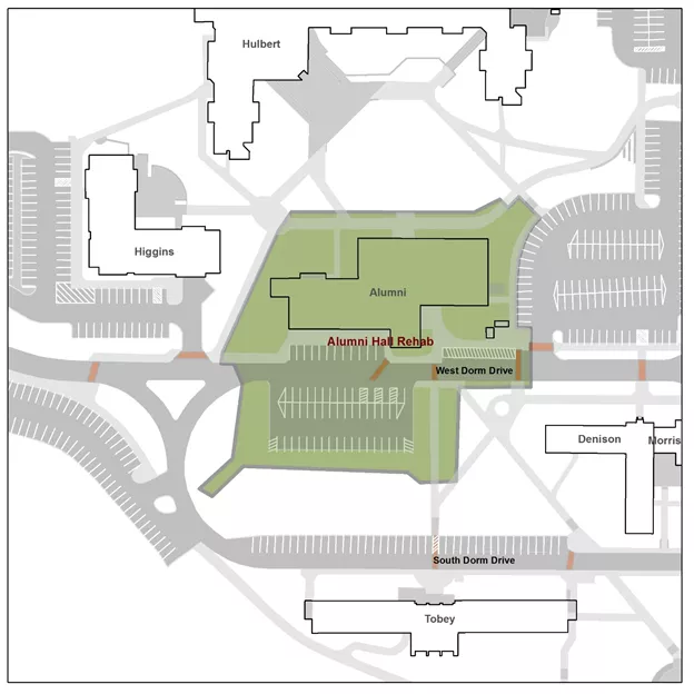 The area to be closed off for the Alumni Hall Project