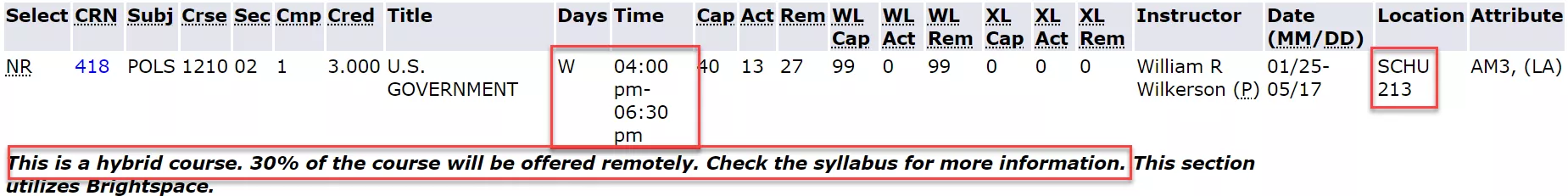 In-person Hybrid course example showing that 30% of the courses will be offered remotely.