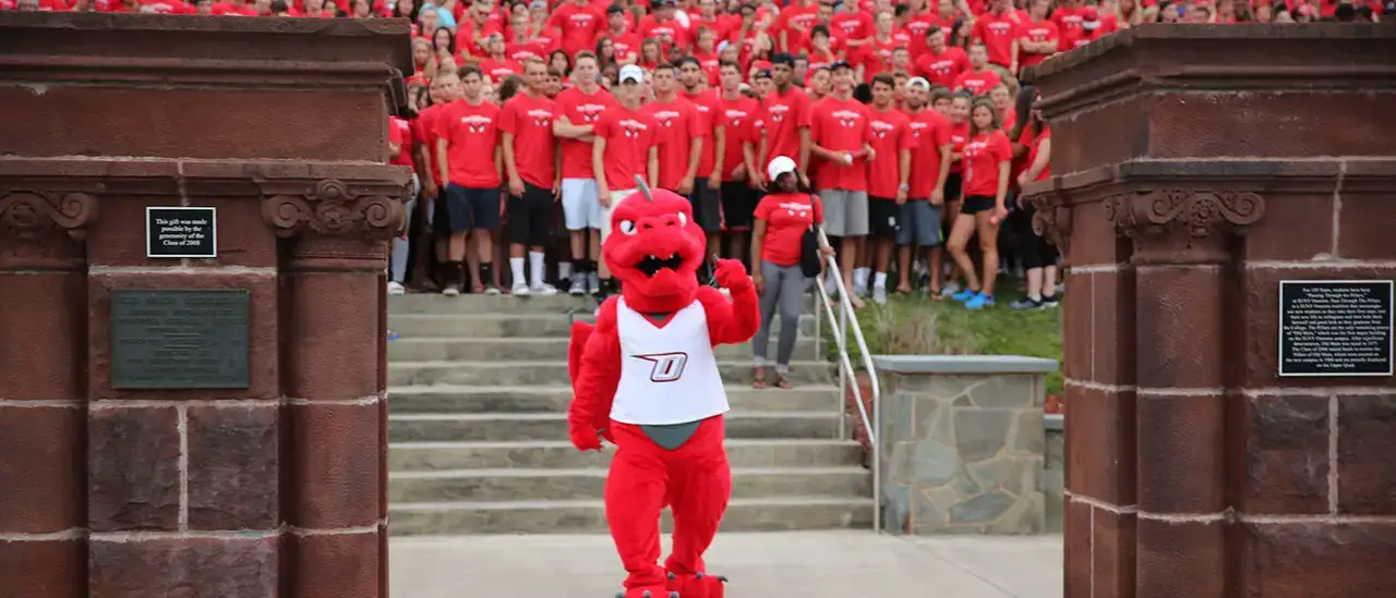 Red the dragon leading the freshmen class through the pillars.