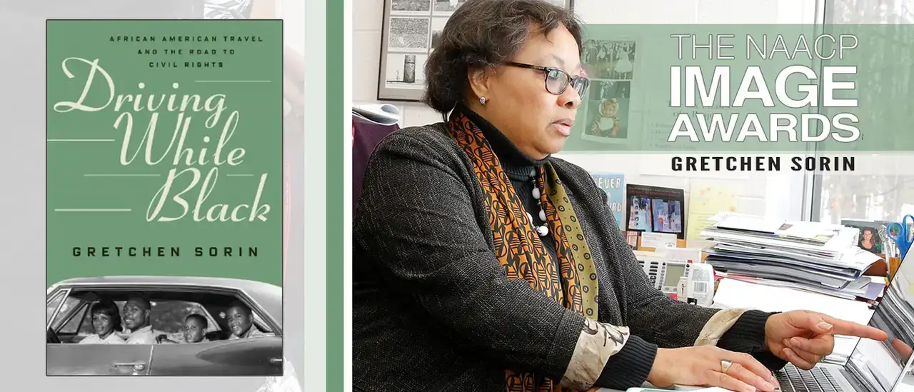 Driving While Black book cover, Gretchen Sorin '82 at laptop