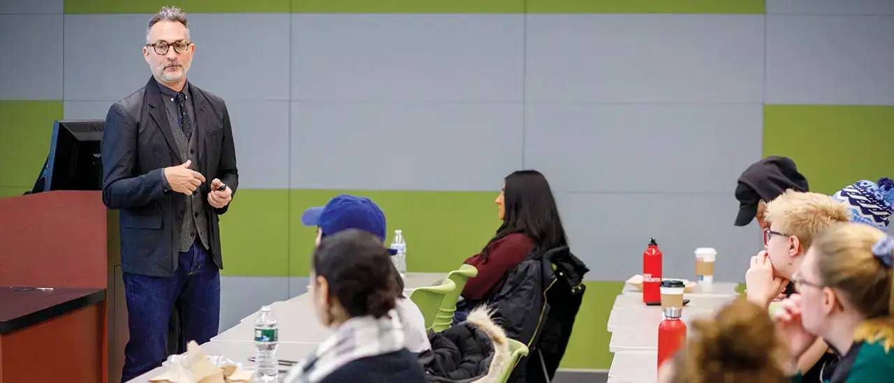 Scott Saltzman speaks to a fashion class