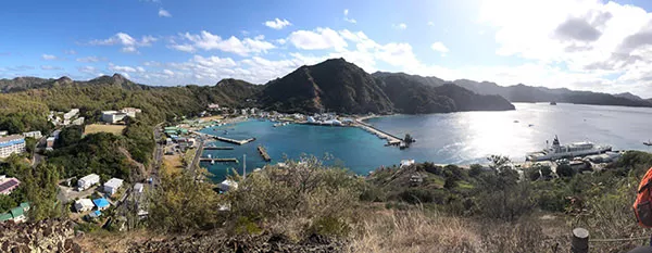 View of the water from atop a mountain in Japan.